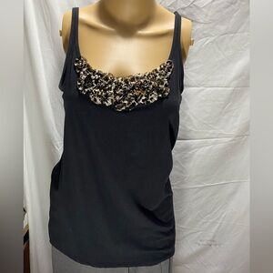 New York & Company Black Tank with Animal Print Ruffle